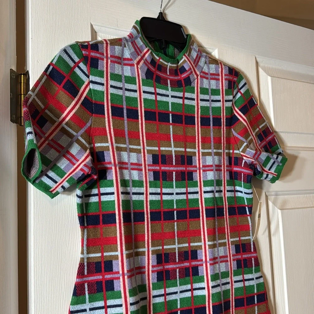 NWT! Anthro Rainbow Plaid Nina Short-Sleeve Mock-Neck Mod Sweater Mini Dress 🎆